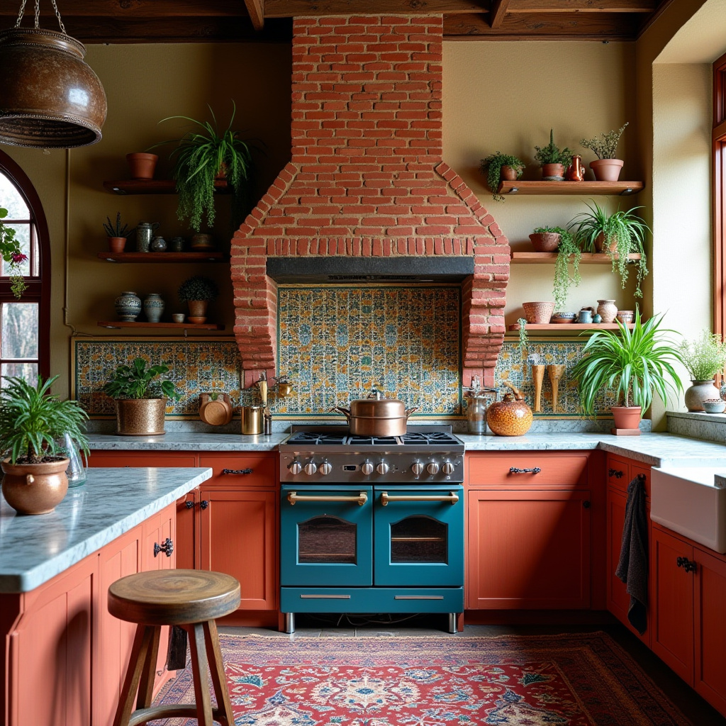 Eclectic kitchen with open shelves and hanging plants