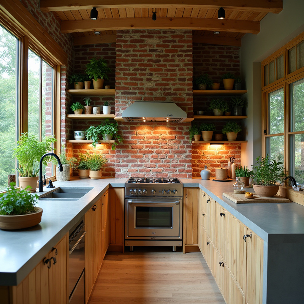 Eco-friendly kitchen with recycled brick chimney and bamboo cabinets