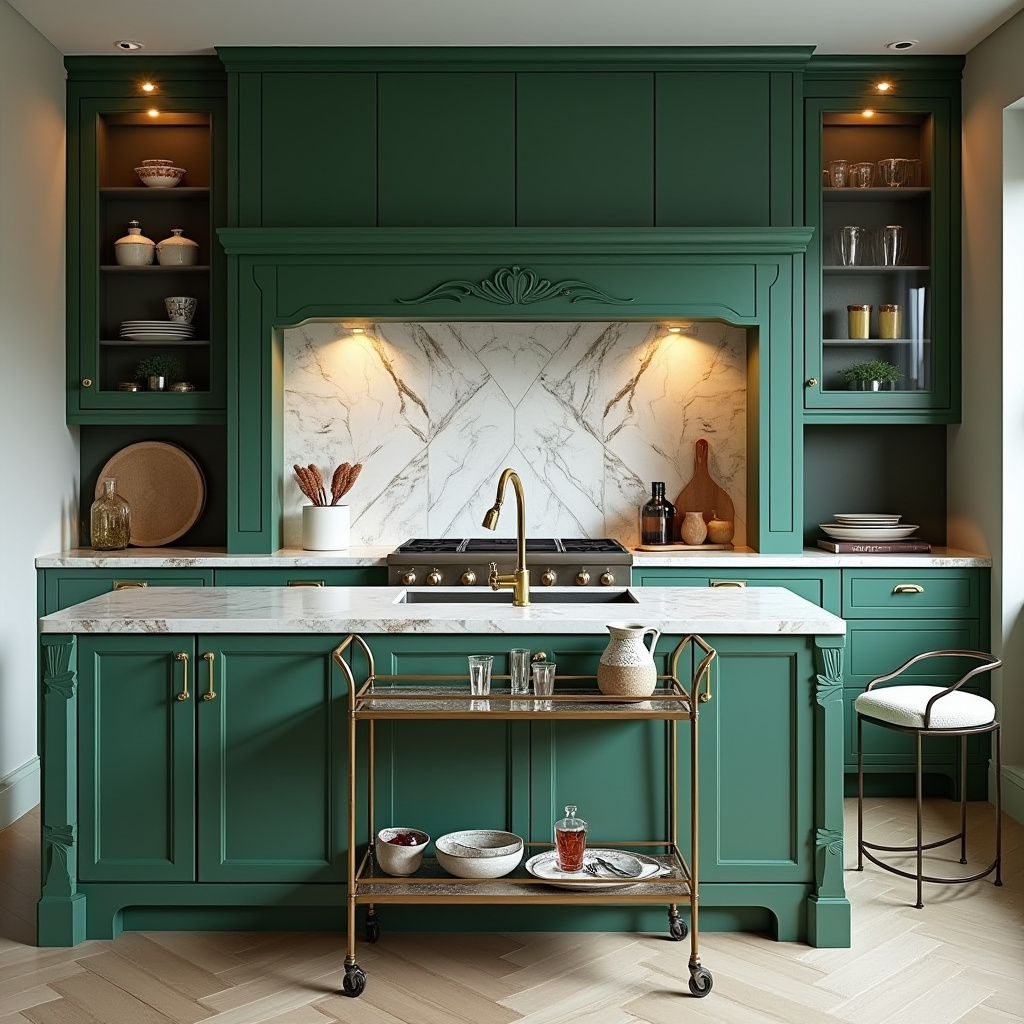 Luxurious kitchen with brass fixtures and vintage bar cart