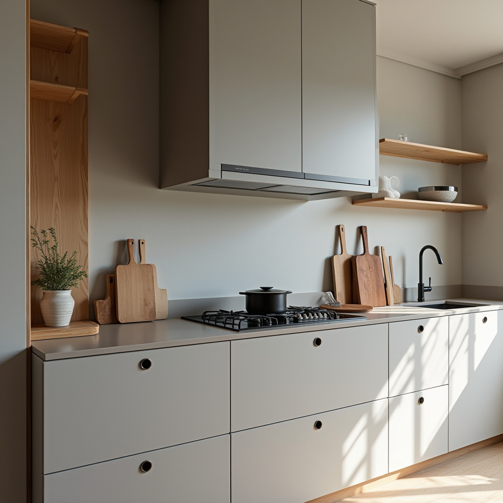 Minimalist kitchen with built-in features and zen color palette