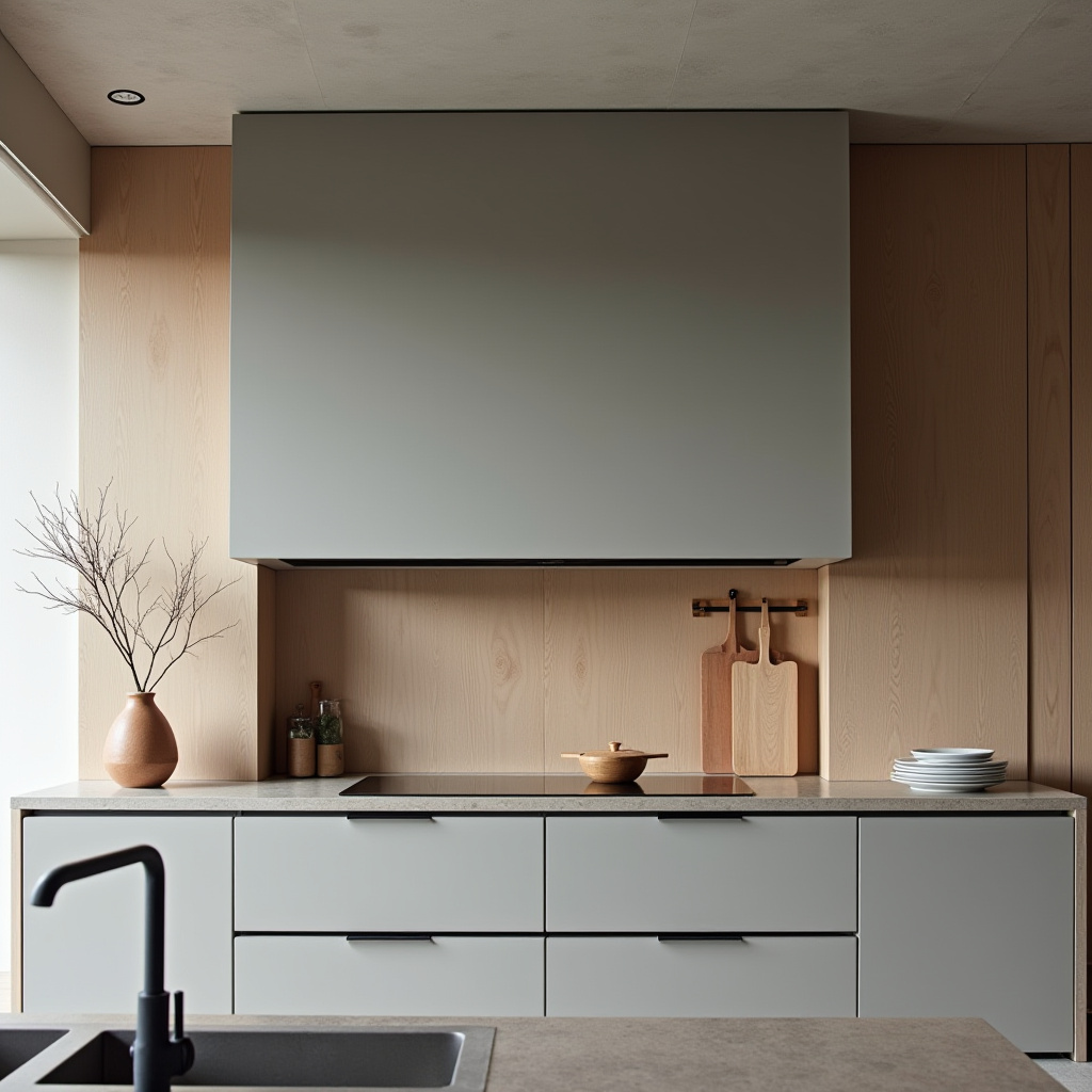 Japanese minimalist kitchen with smooth grey chimney and wooden accents