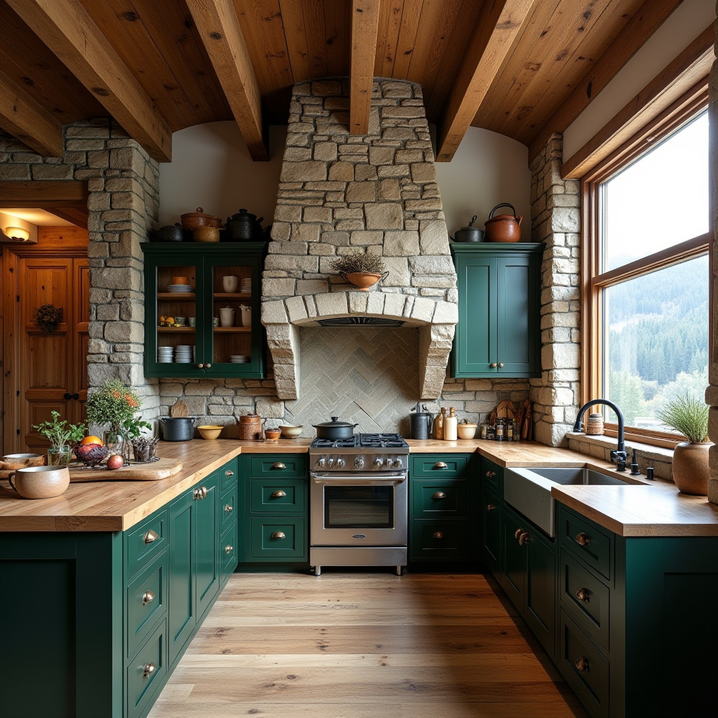 Alpine kitchen with stone chimney and wooden beam ceiling