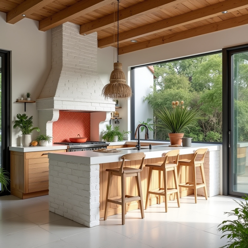 Tropical kitchen with white brick chimney and light wood cabinetry