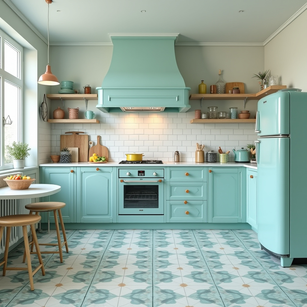 Kitchen with geometric floor tiles and mid-century stools