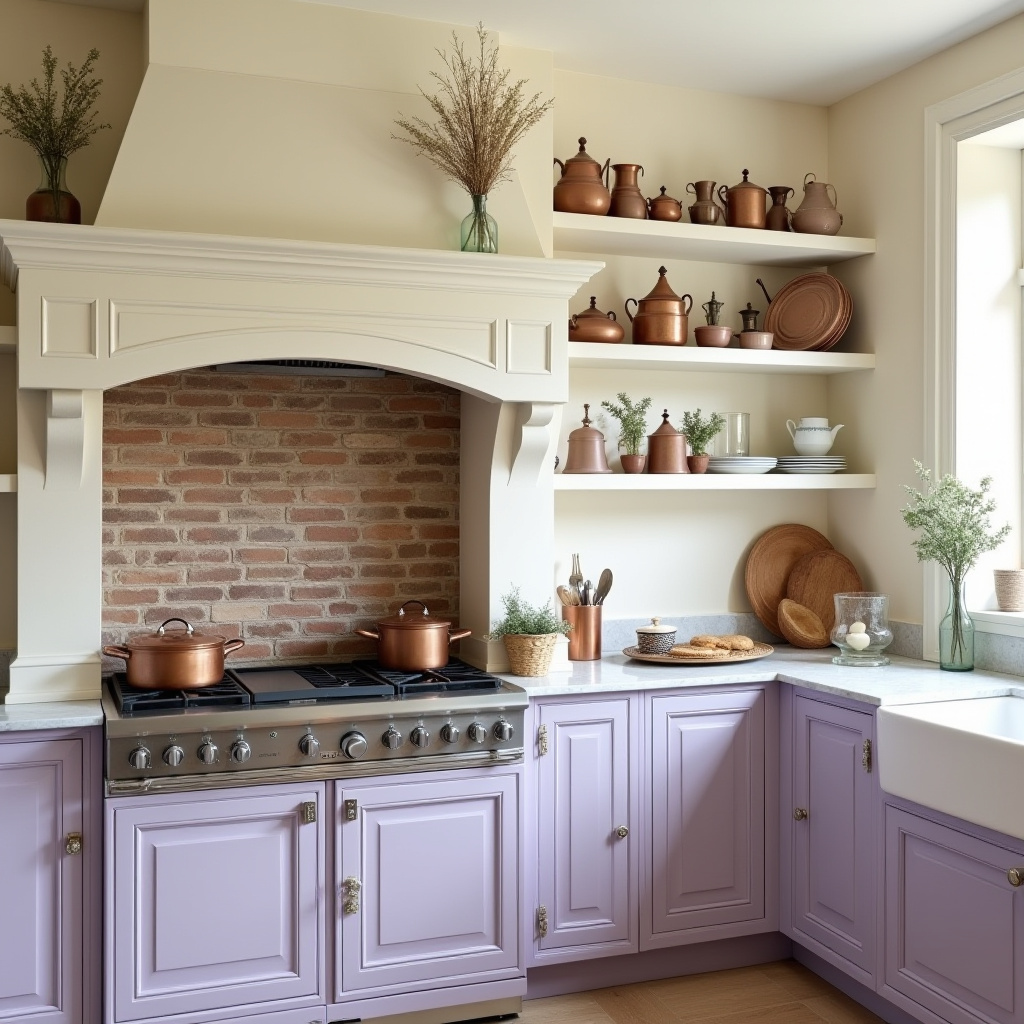 French provincial kitchen with cream brick chimney and lavender cabinetry