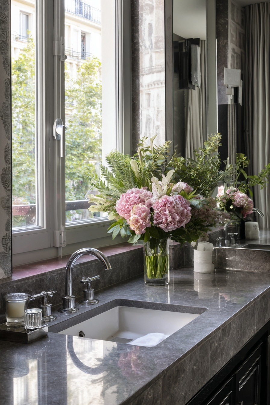 Grey Countertops with Pink Backsplash