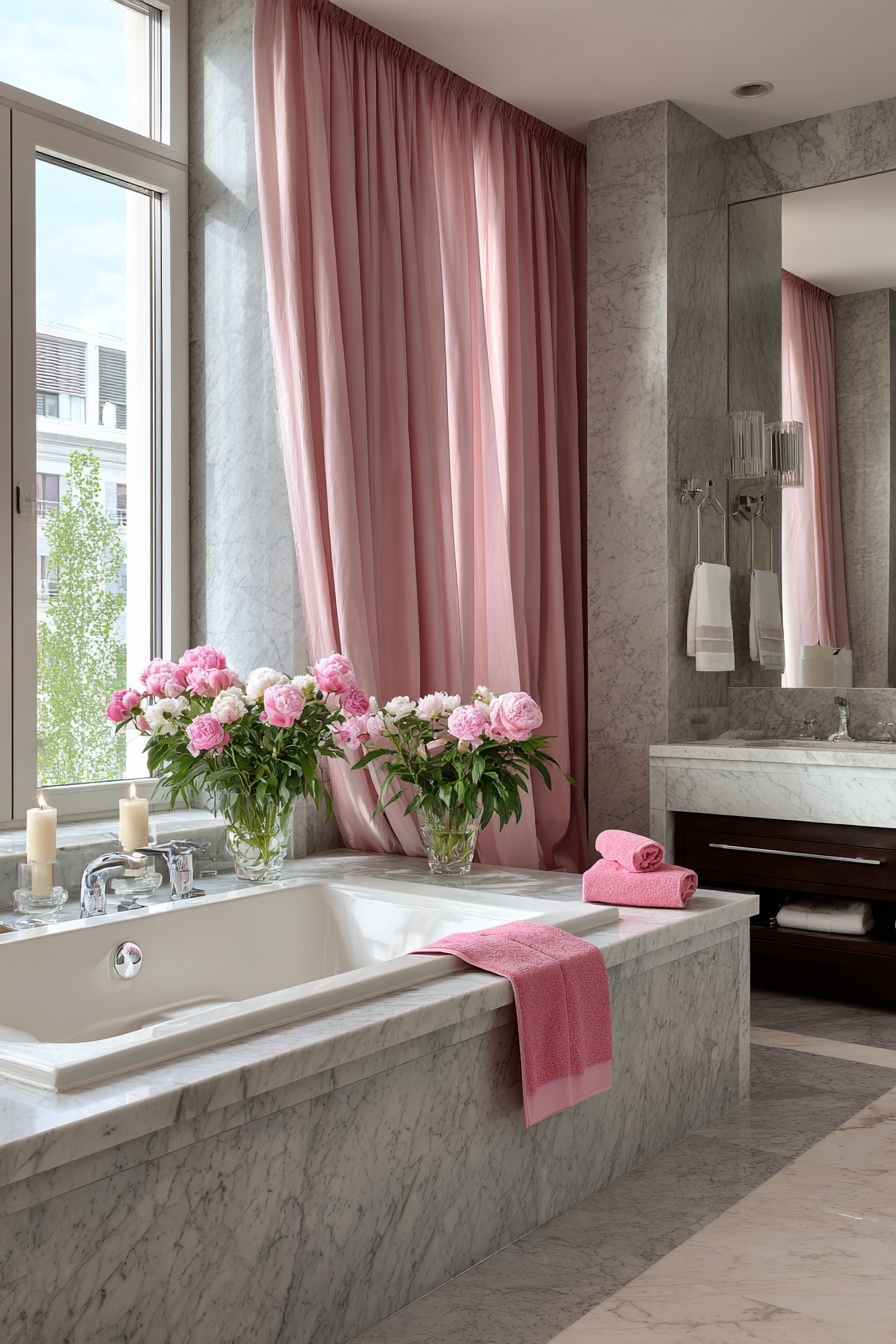 Pink Curtains on Bathroom Window