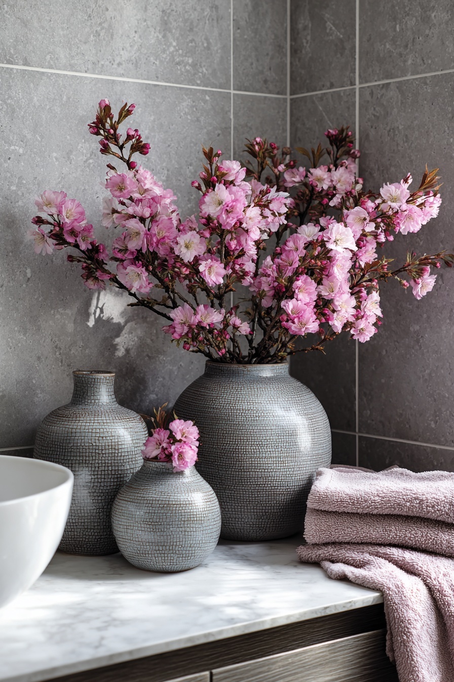 Pink Flowers in Grey Vases