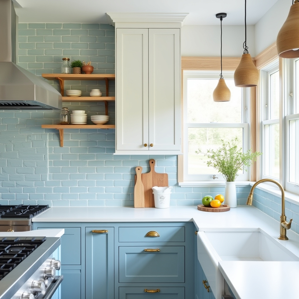 coastal blue kitchen with light wood