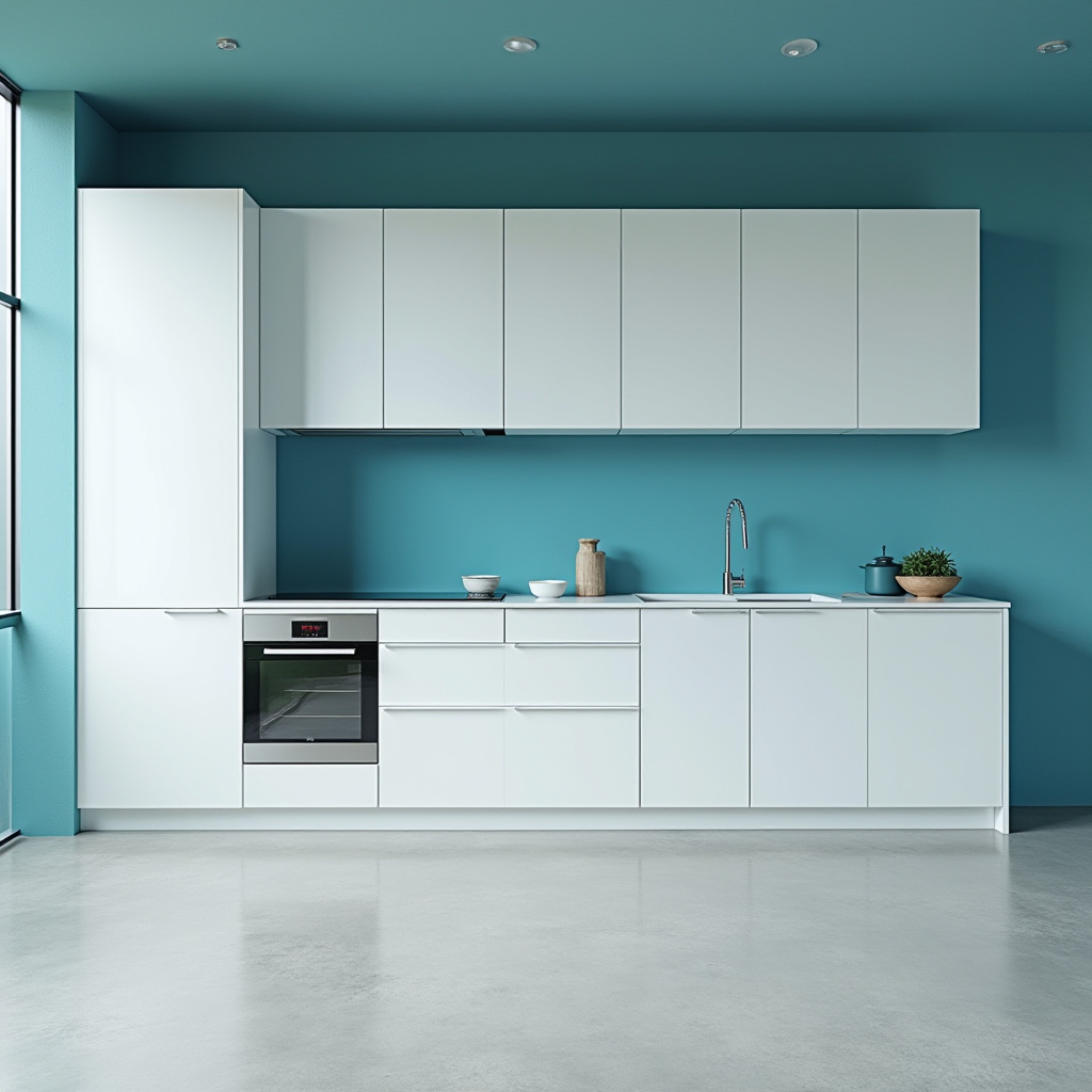 minimalist kitchen with teal accent wall