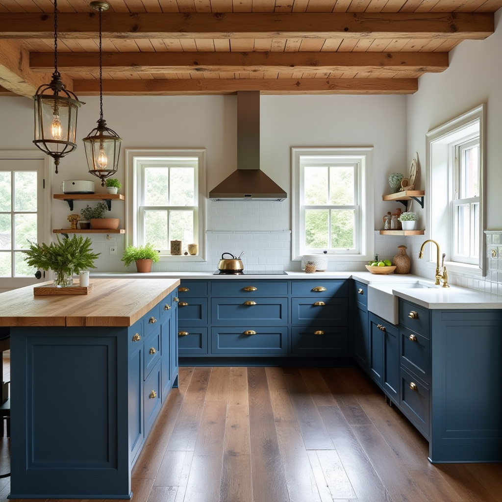 farmhouse kitchen with navy cabinets
