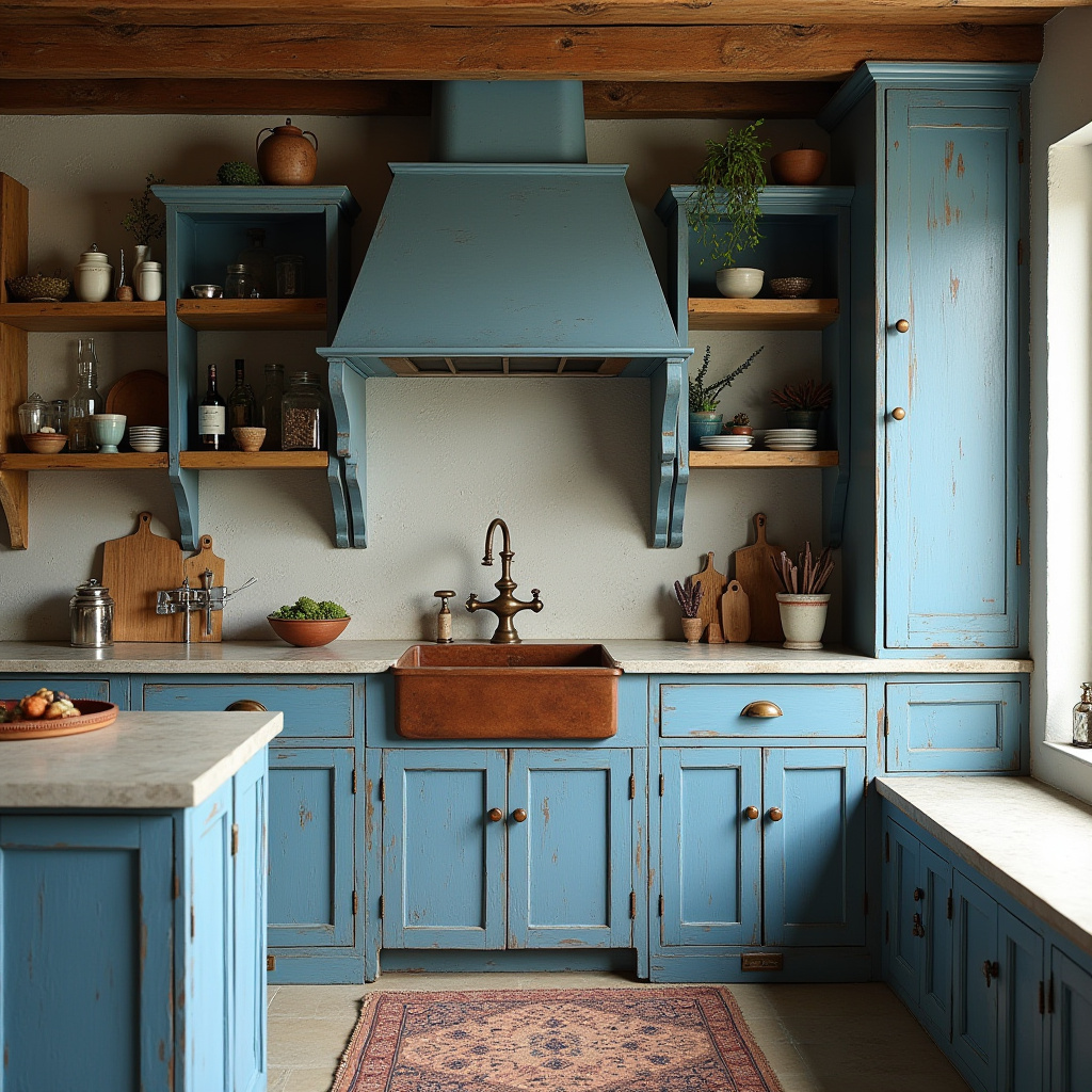 rustic kitchen with distressed blue cabinets