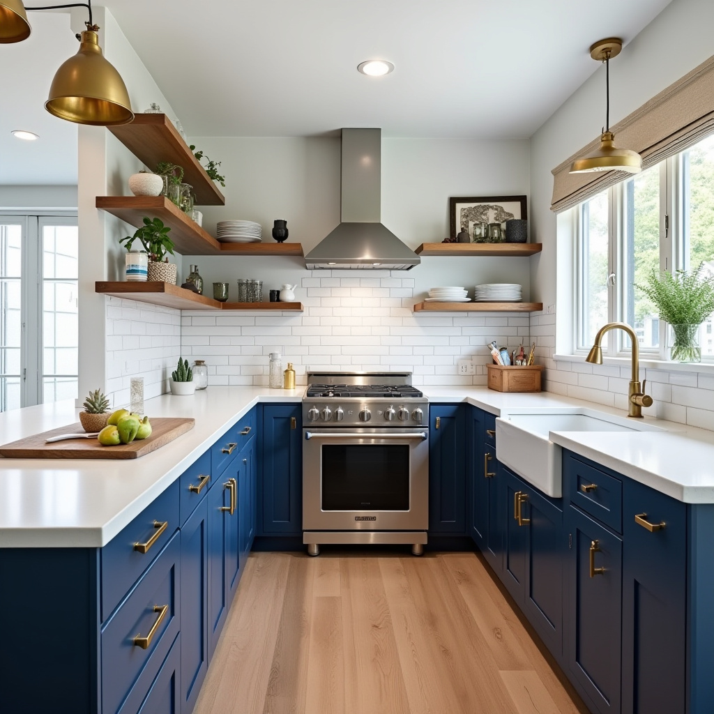 modern farmhouse kitchen with navy shaker cabinets