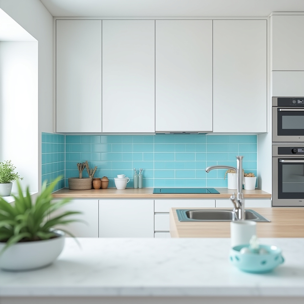 coastal contemporary kitchen with light blue backsplash