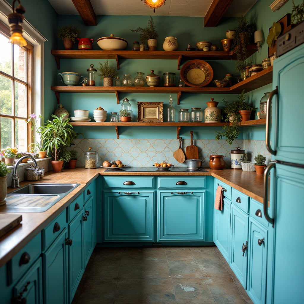 eclectic kitchen with turquoise cabinets
