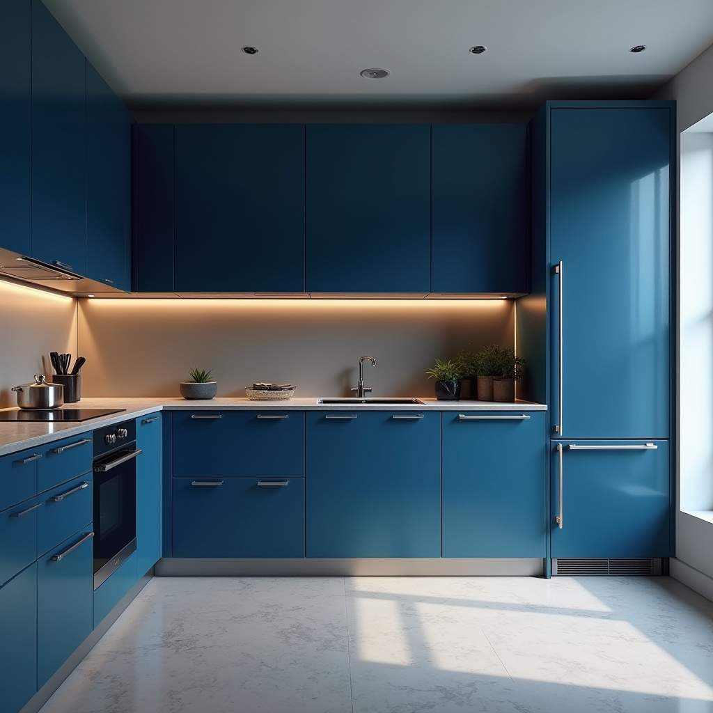 modern kitchen with deep blue lacquer cabinets