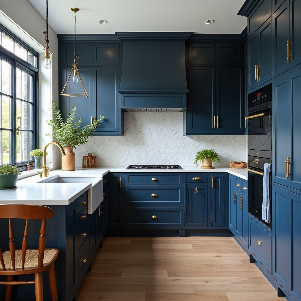 traditional kitchen with navy cabinets and marble backsplash