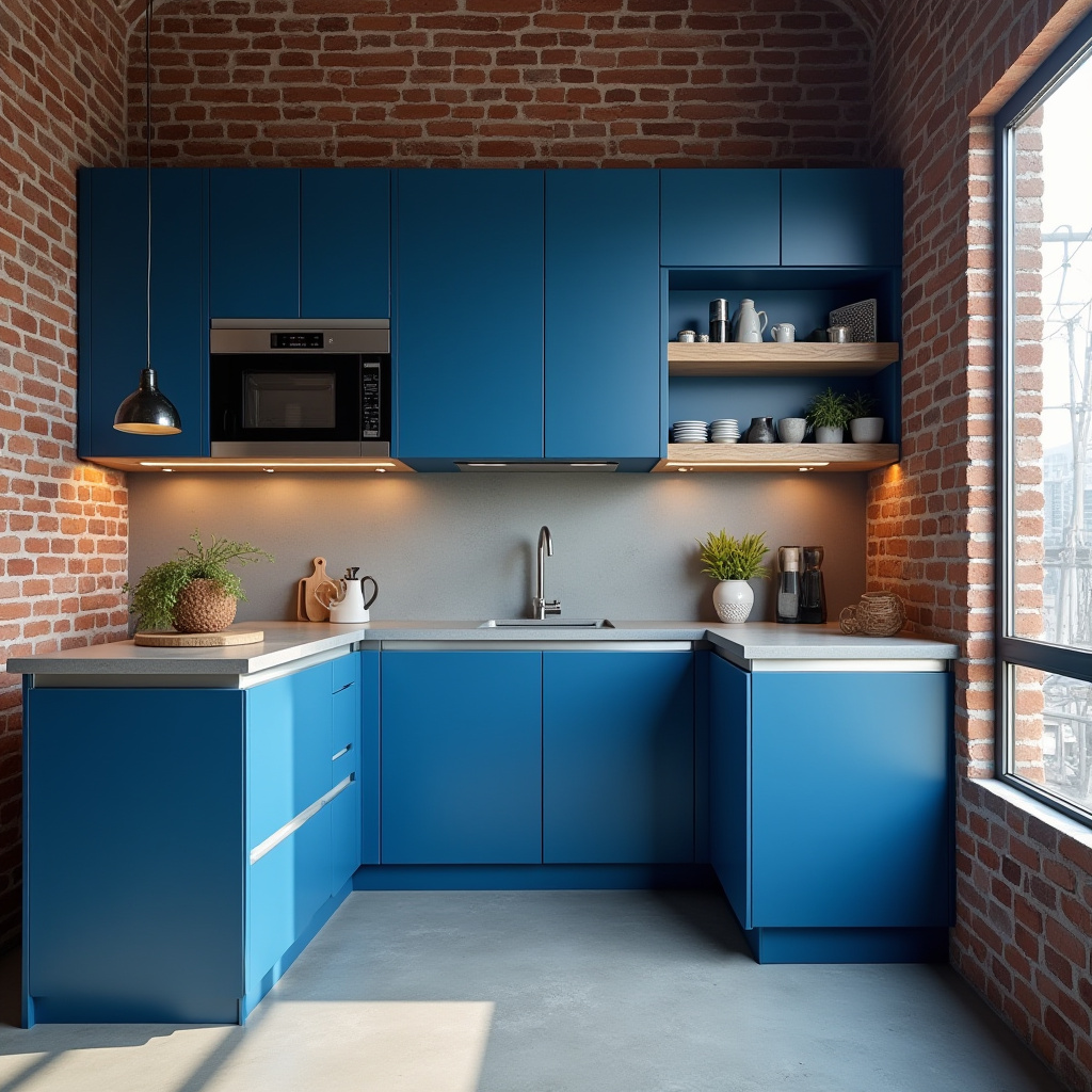 compact kitchen with cobalt blue cabinets