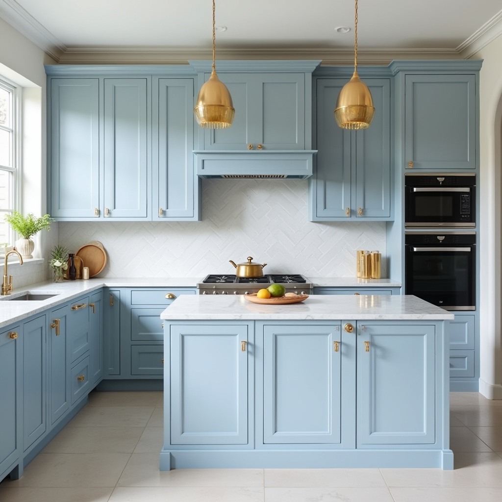 transitional kitchen with blue-grey cabinets