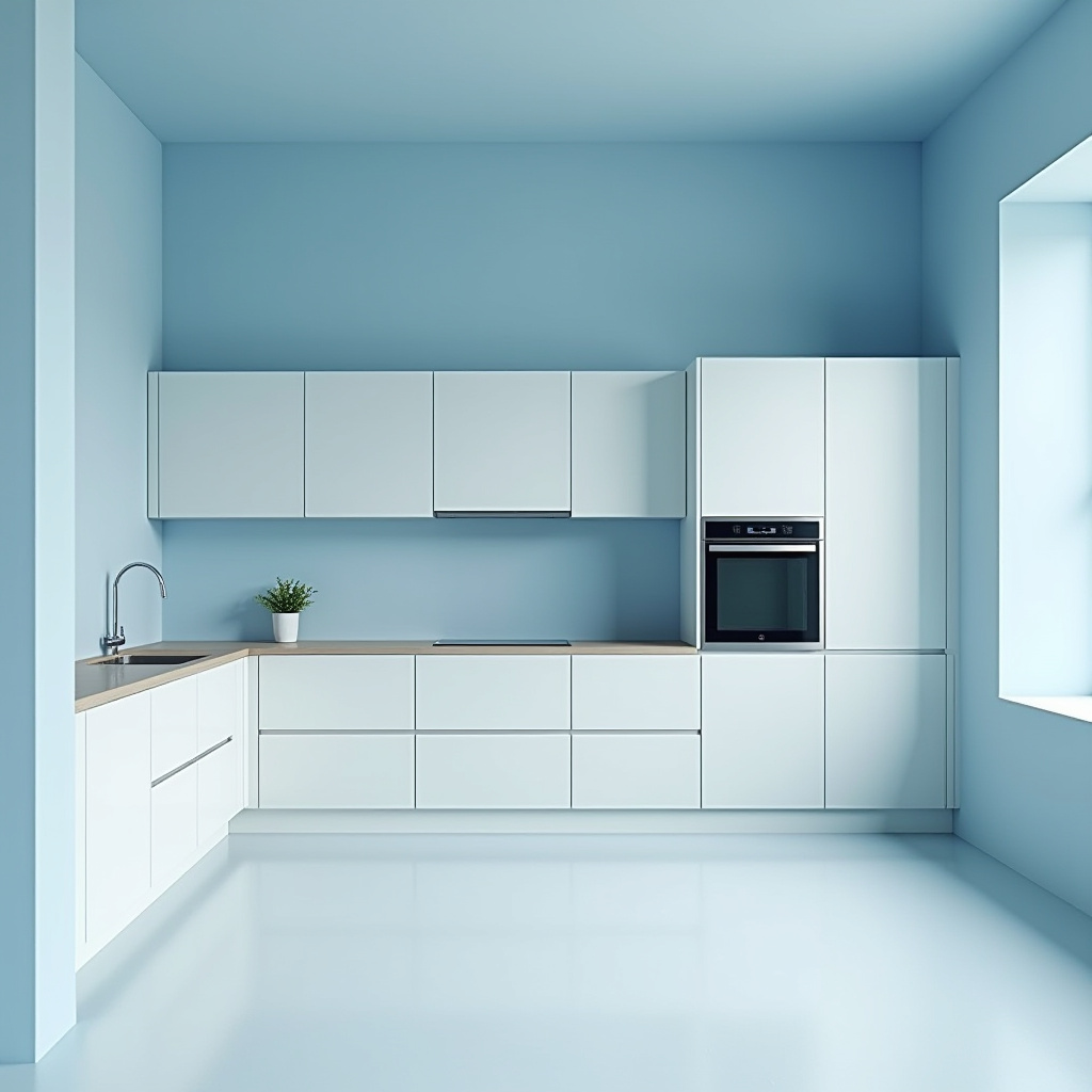 minimalist kitchen with pale blue walls