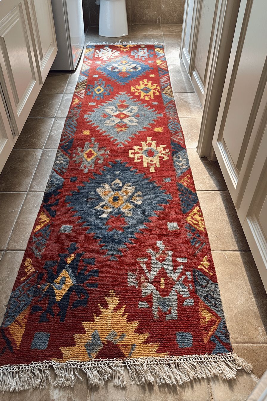 Colorful Kilim Runner on Bathroom Floor
