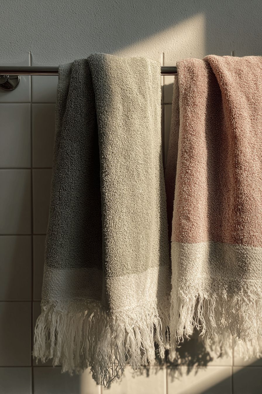 Fringed Towels Layered on Rack