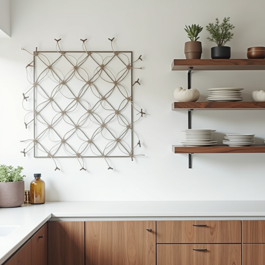 Mid-century modern kitchen with metal sculpture