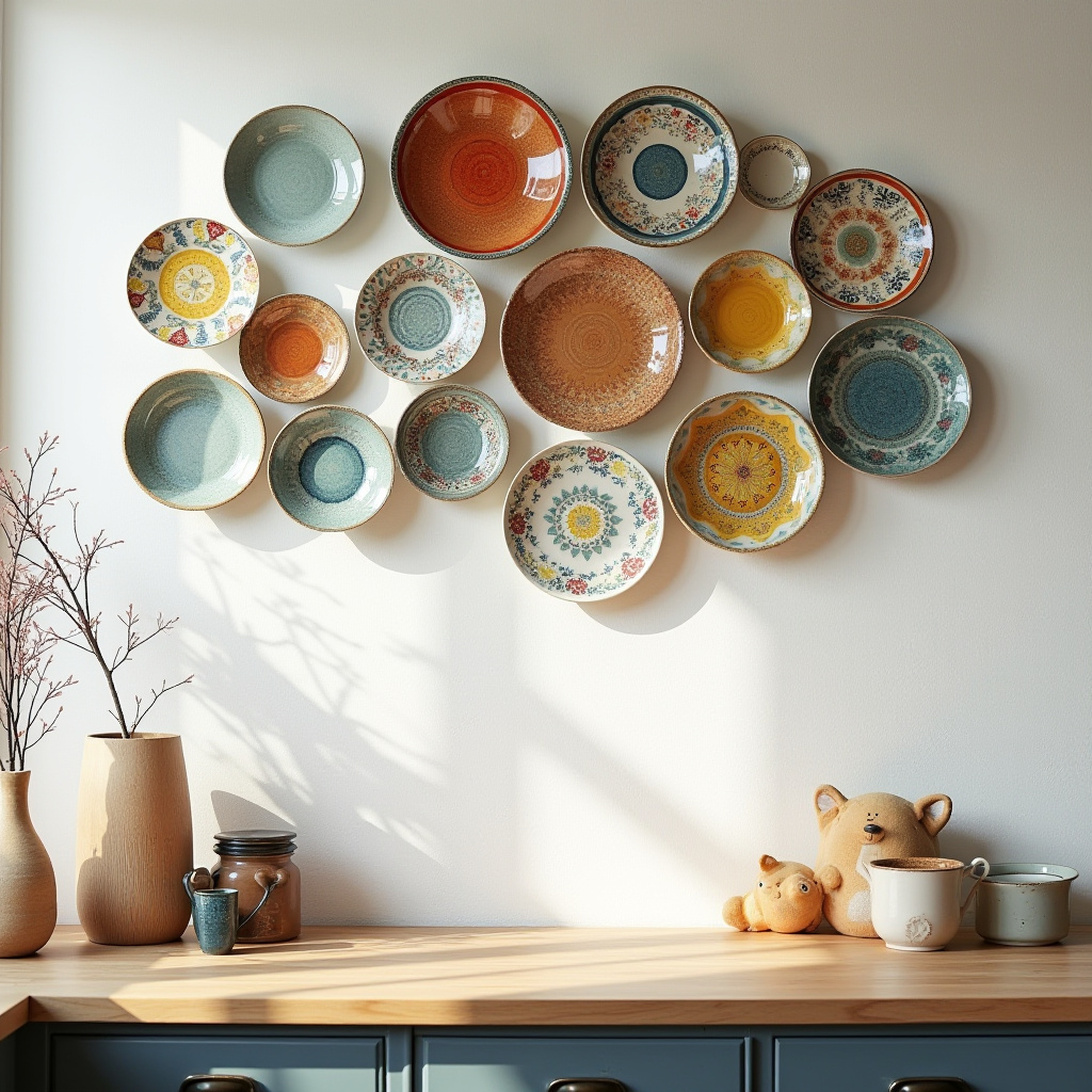 Eclectic kitchen with ceramic plates