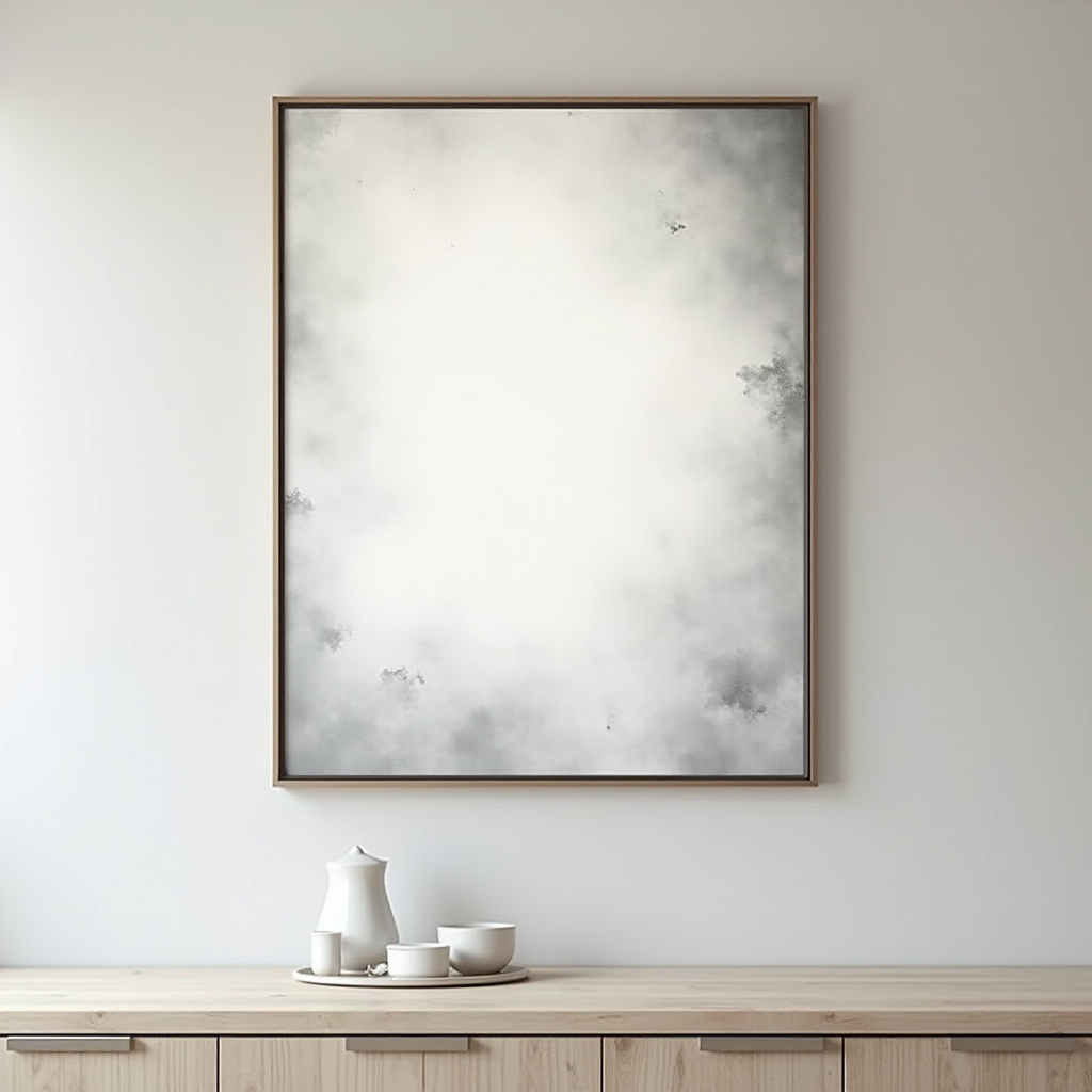 Minimalist kitchen with abstract artwork