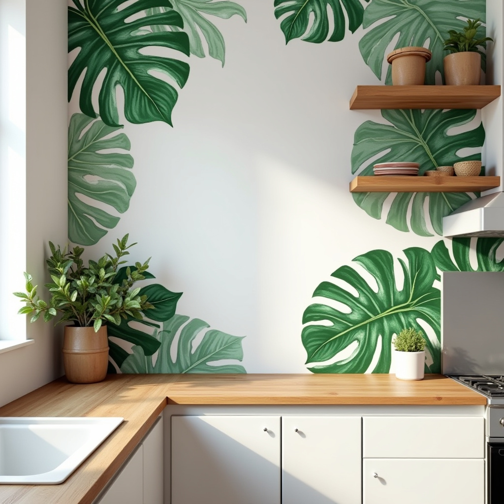 Tropical kitchen with monstera leaf decal