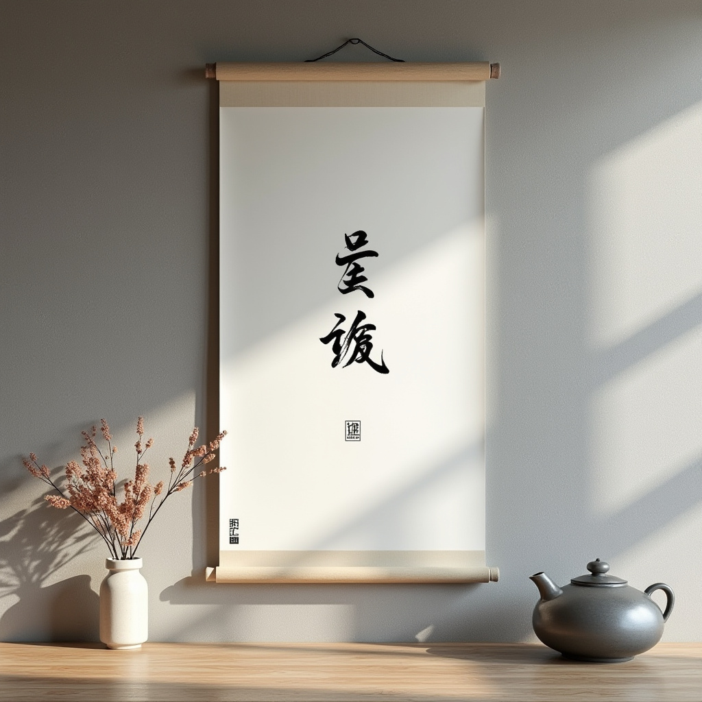 Zen minimalist kitchen with calligraphy scroll