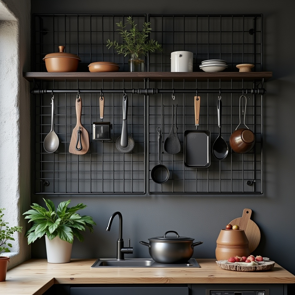 Urban kitchen with industrial wire grid