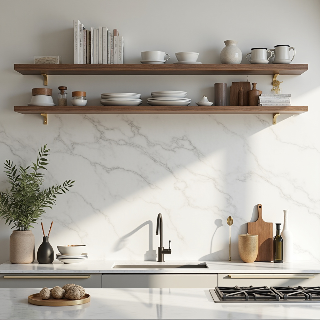 Transitional kitchen with mixed material shelves