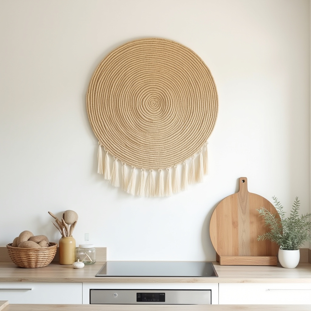 Californian casual kitchen with seagrass wall hanging