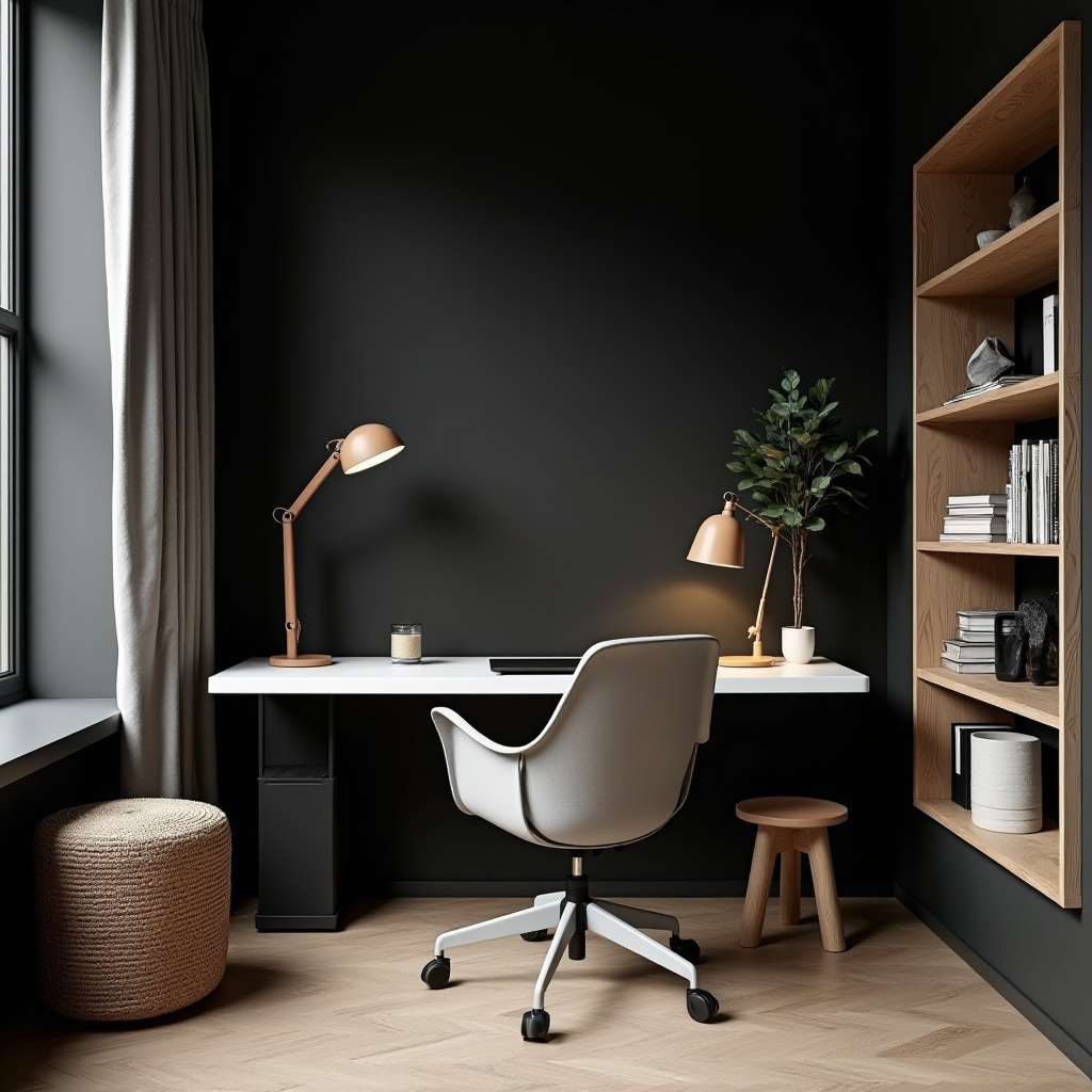 Scandinavian home office with black wall