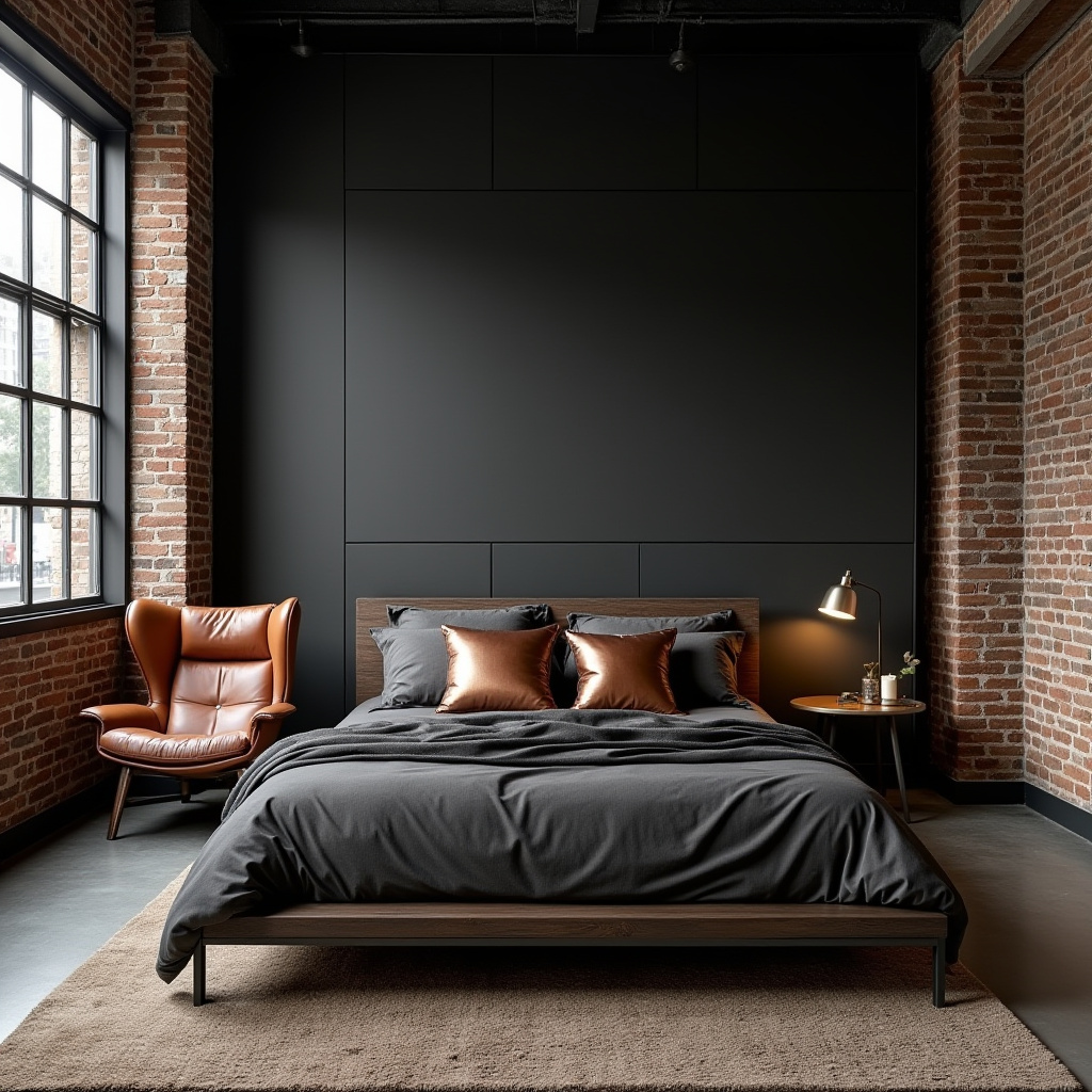 industrial bedroom with black accent wall