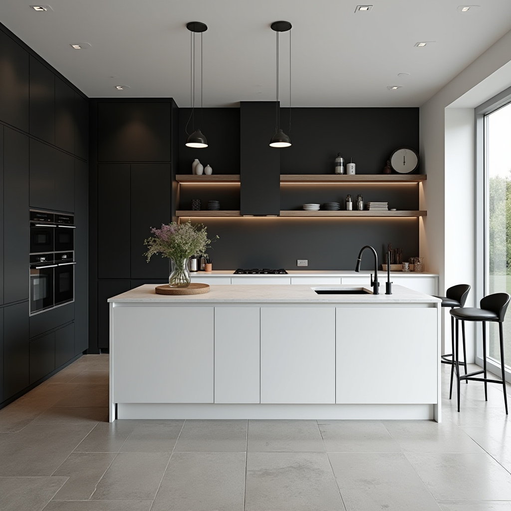 minimalist kitchen with black accent wall