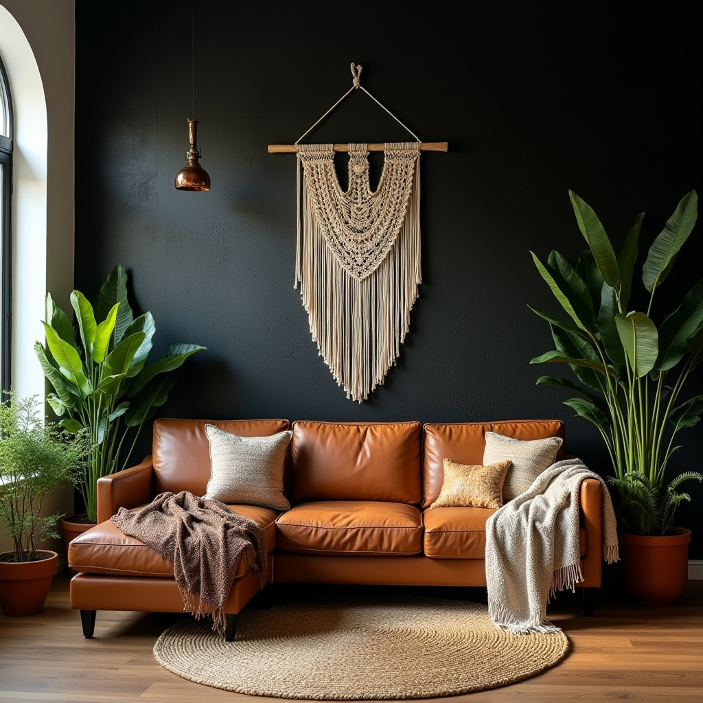 bohemian living room with black accent wall