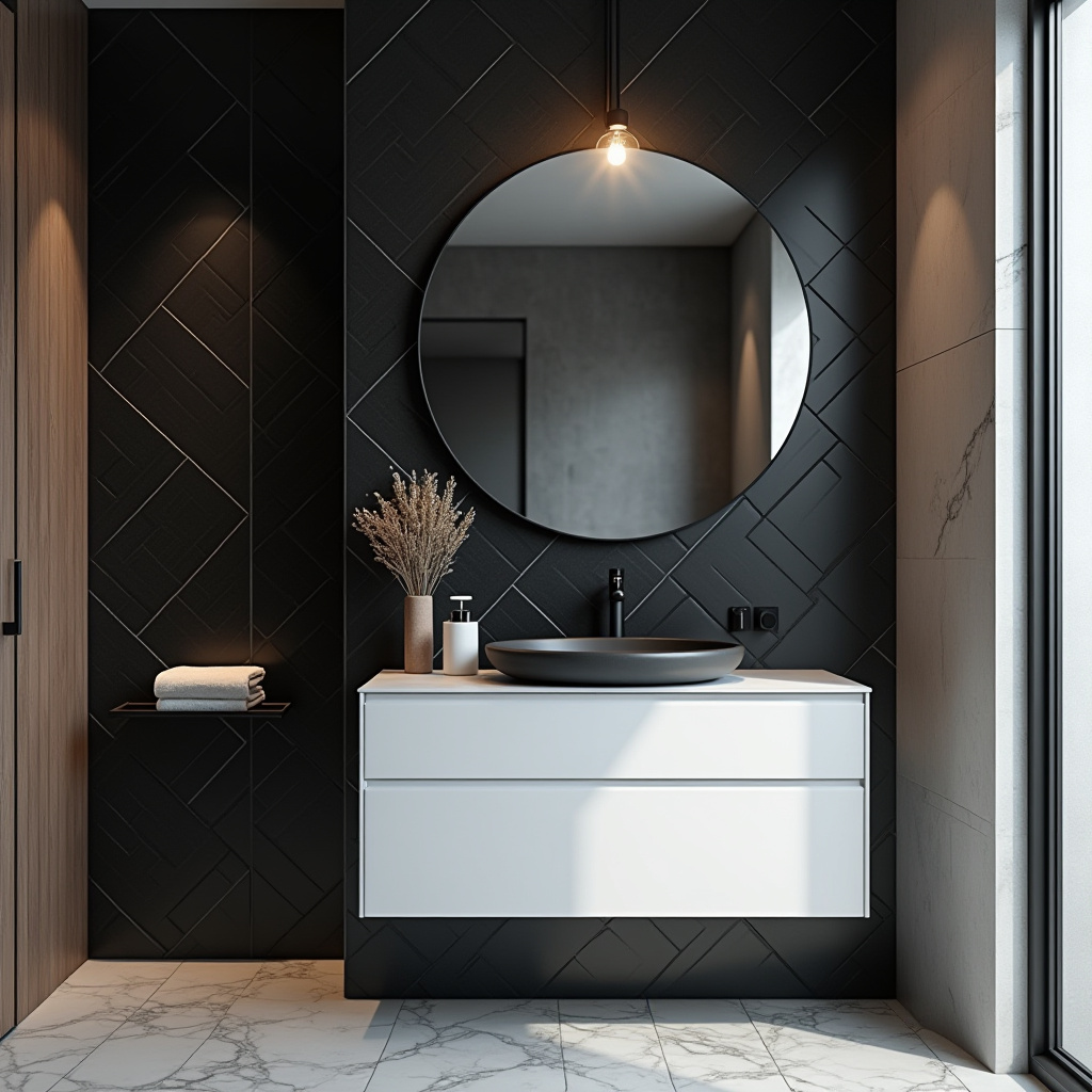 contemporary bathroom with black accent wall