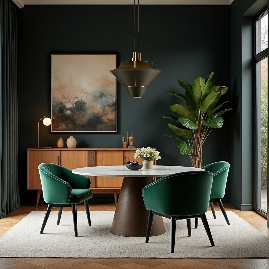 mid-century dining room with black accent wall