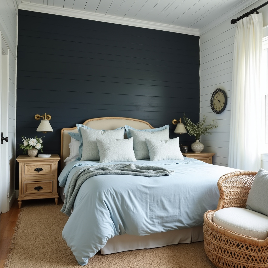 coastal bedroom with black accent wall