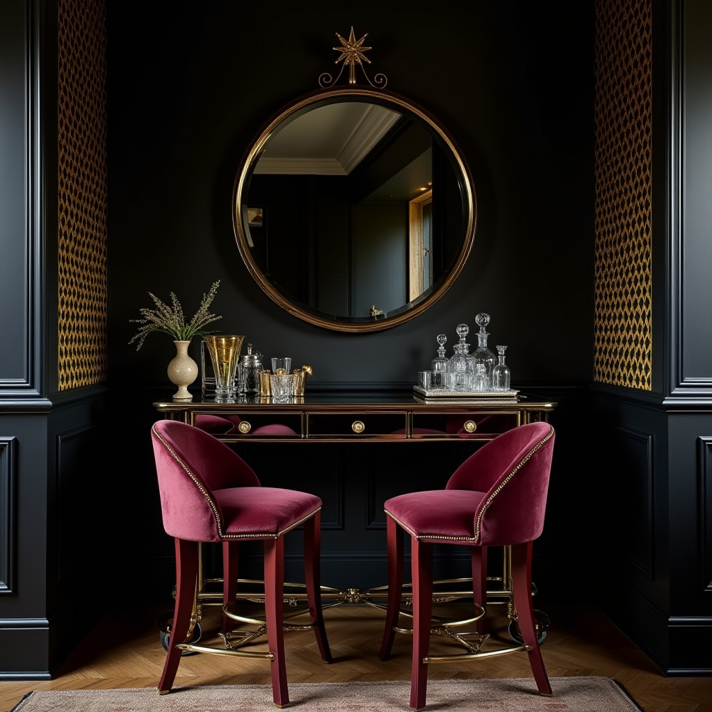 art deco home bar with black accent wall
