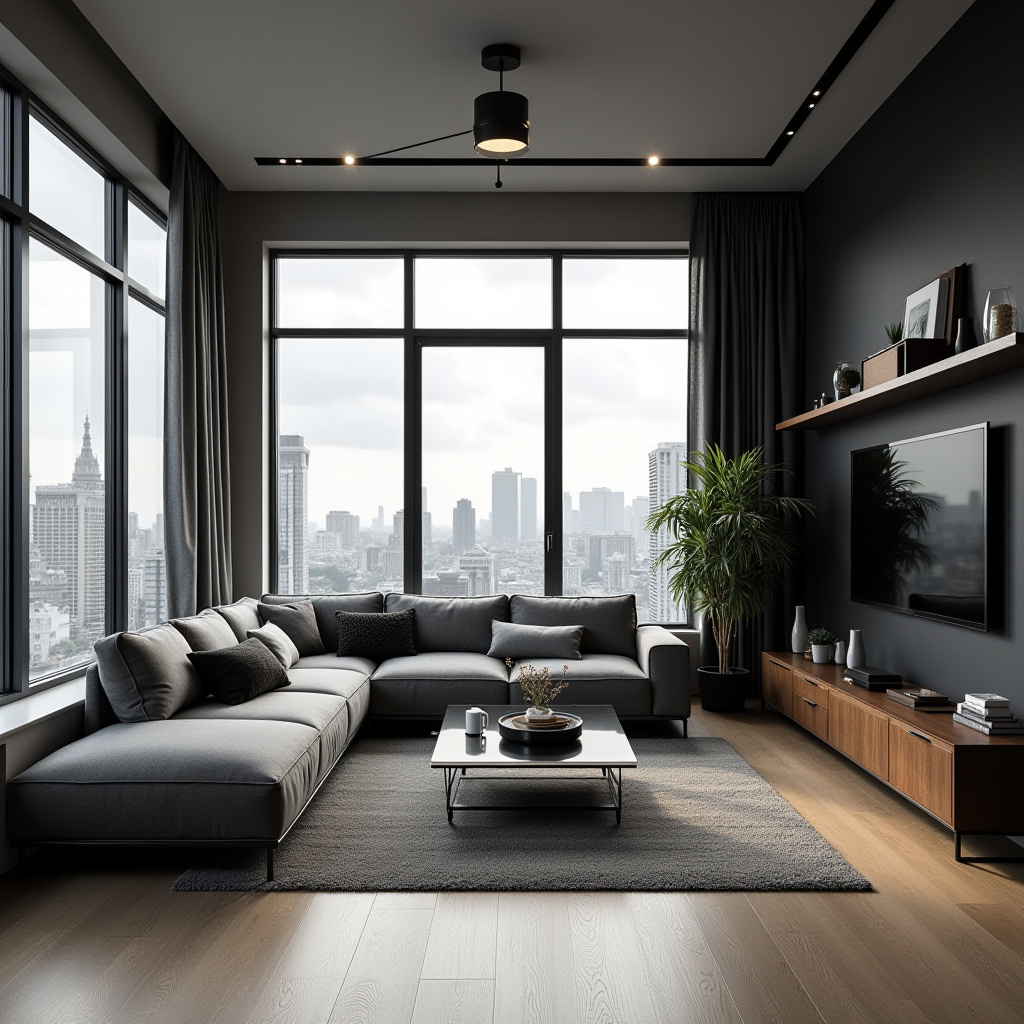 urban studio apartment with black accent wall