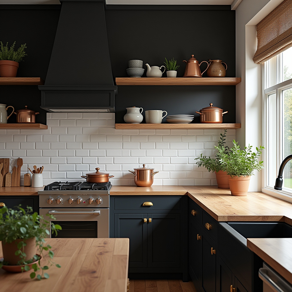 farmhouse kitchen with black accent wall
