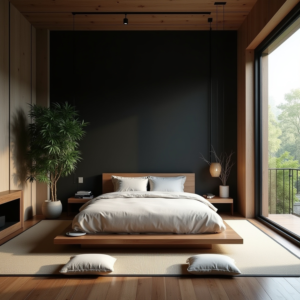 zen meditation corner with black accent wall