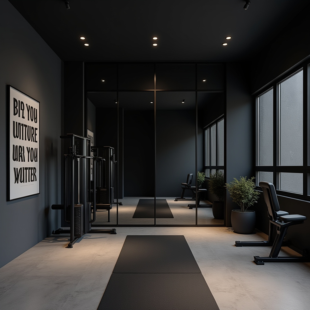 modern home gym with black accent wall