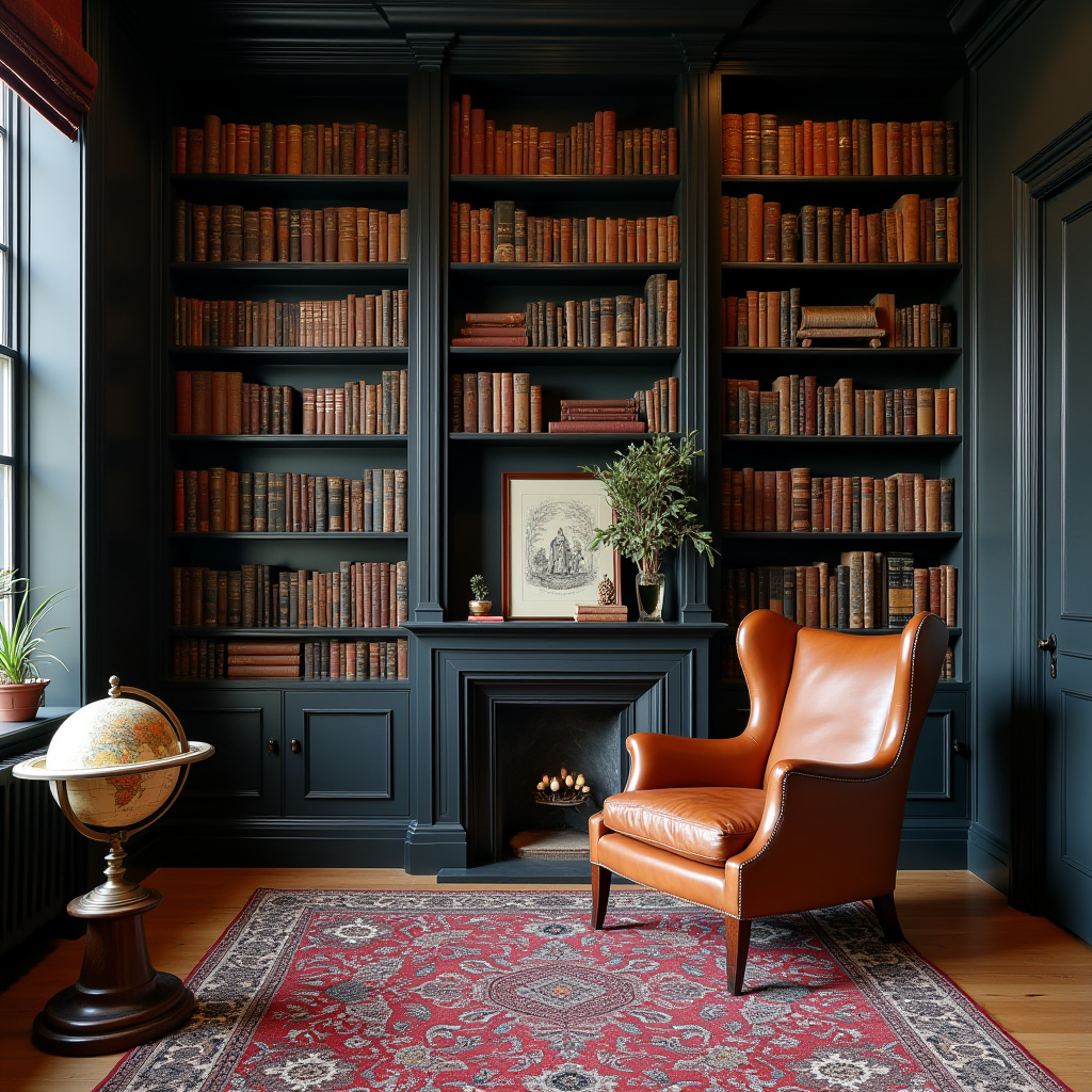 eclectic home library with black accent wall