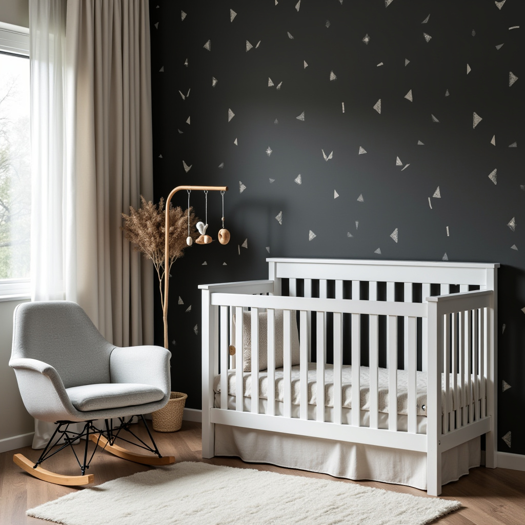 modern nursery with black accent wall