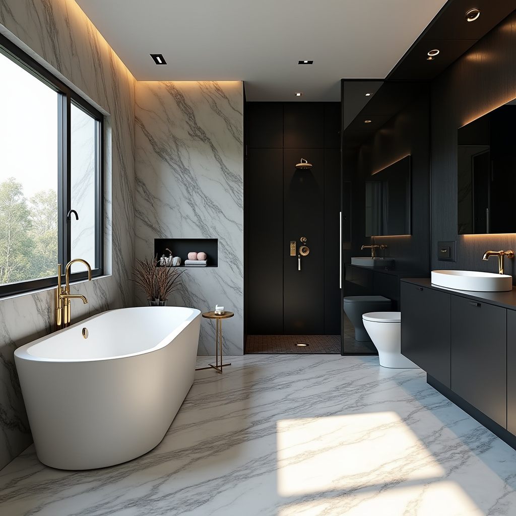 luxury master bathroom with black accent wall