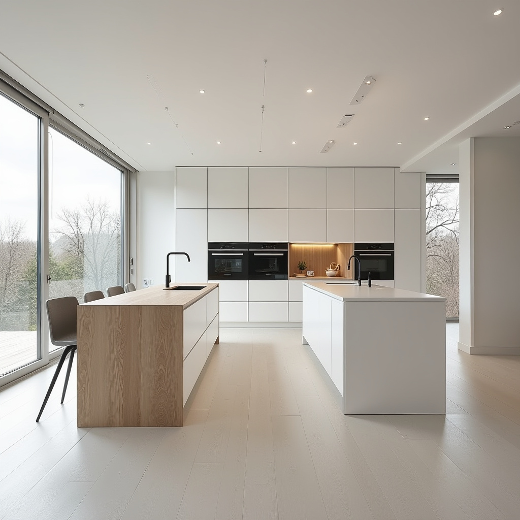 Scandinavian minimalist kitchen with white oak island